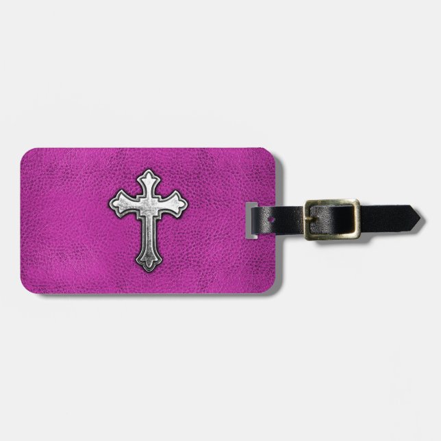 Metal Cross on Pink Leather Luggage Tag (Front Horizontal)