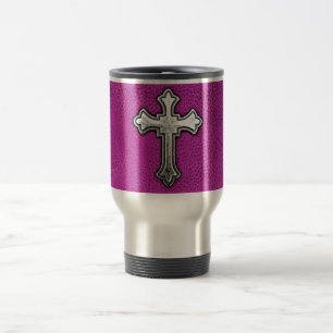Metal Cross on Pink Leather Travel Mug