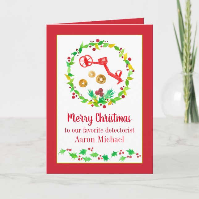 Metal Detecting Merry Christmas Coins Custom Name Holiday Card (Front)