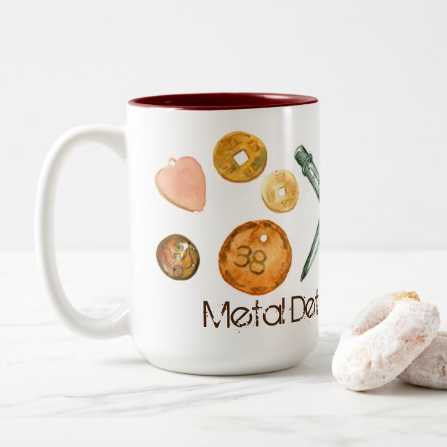 Metal Detecting Treasures Old Keys Buttons Coins Two-Tone Coffee Mug (With Donut)