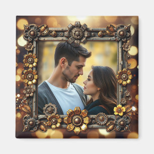 Metal Flowers Steampunk Personalised Photo Magnet