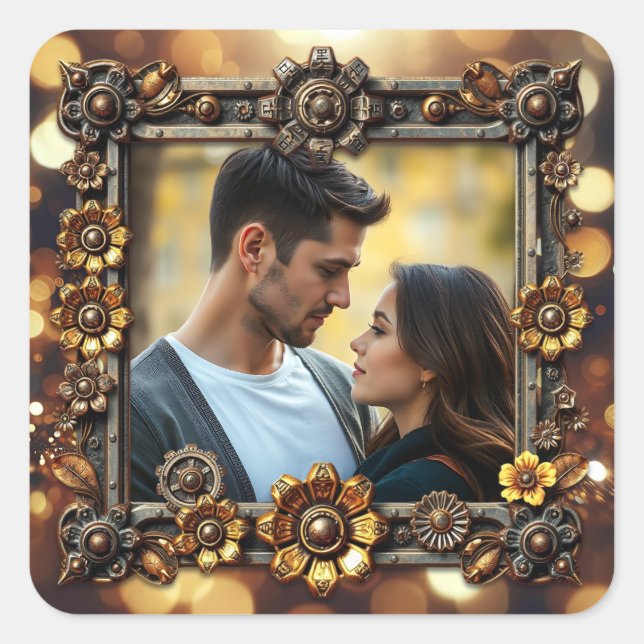Metal Flowers Steampunk Personalised Wedding Square Sticker (Front)