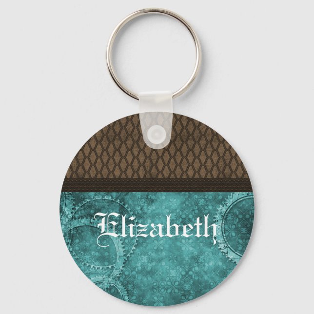 Metal Gear Steampunk Keychain, Teal Key Ring (Front)