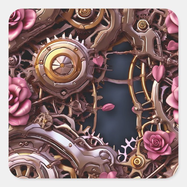 Metal Gears and Pink Roses Steampunk Square Sticker (Front)