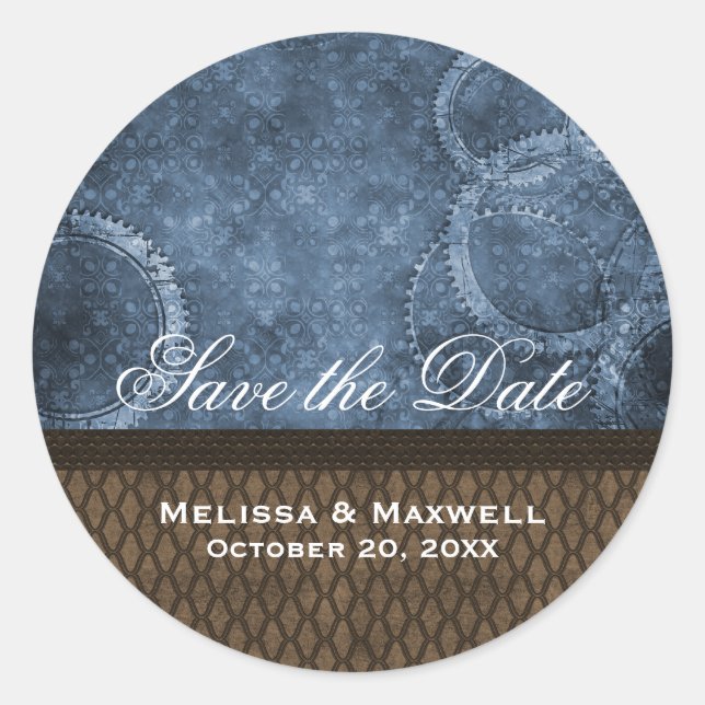 Metal Gears Save the Date Stickers, Blue Classic Round Sticker (Front)