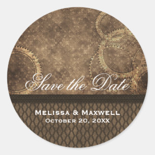 Metal Gears Save the Date Stickers, Brown Classic Round Sticker