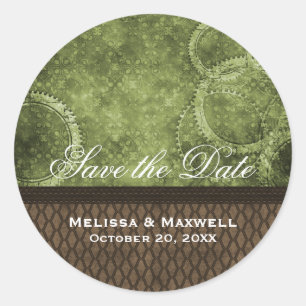 Metal Gears Save the Date Stickers, Green Classic Round Sticker
