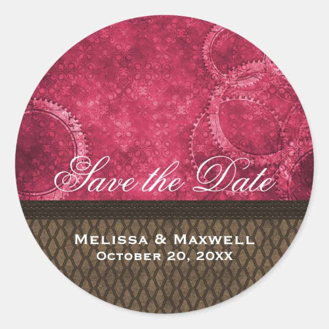 Metal Gears Save the Date Stickers, Pink Classic Round Sticker (Front)