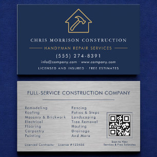 Metal Handyman Construction Navy Blue Gold QR Code Business Card