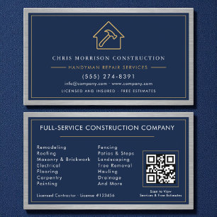 Metal Handyman Navy Blue Gold QR Code Business Card