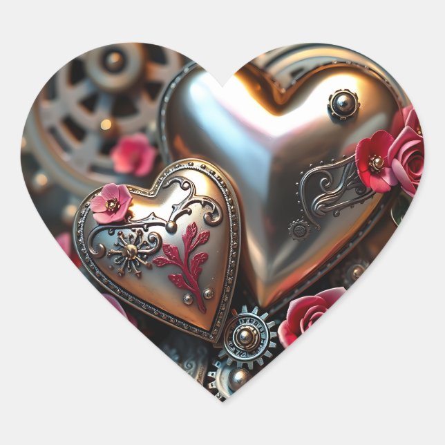 Metal Hearts and Pink Flowers Steampunk Heart Sticker (Front)
