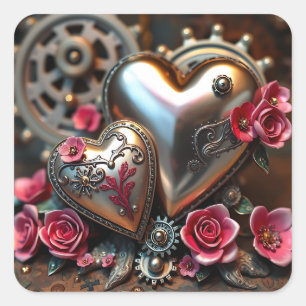 Metal Hearts and Pink Flowers Steampunk Square Sticker