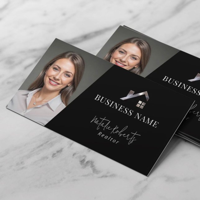 Metal House Logo Real Estate Realtor Black Photo Business Card (Creator Uploaded)