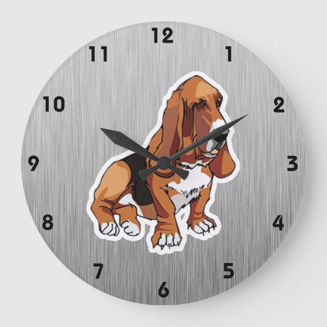Metal look; Basset Hound Large Clock (Front)