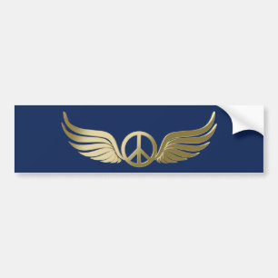Metal look peace symbol with wings bumper sticker