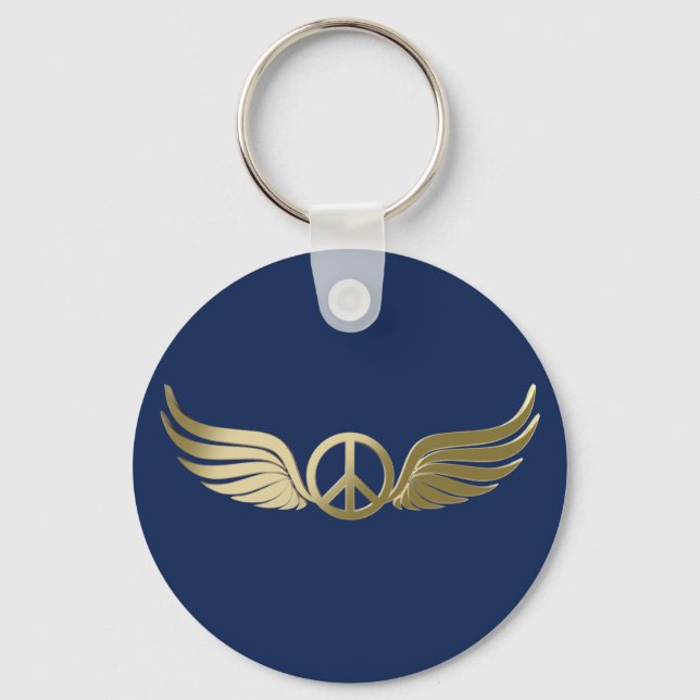Metal look peace symbol with wings key ring (Front)