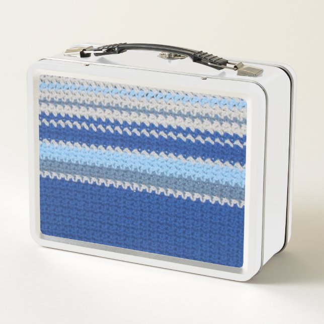 Metal Lunch Box - Crochet in Blue and White Stripe (Back)