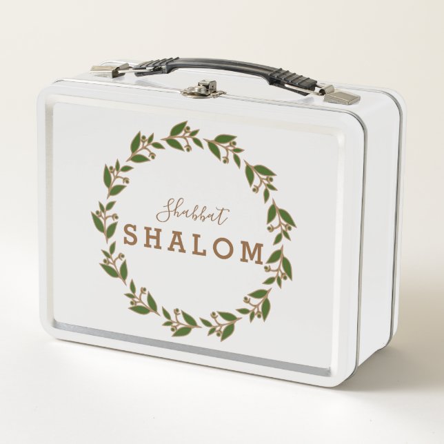 Metal Lunchbox Shabbat Shalom Green Brown Wreath (Front)