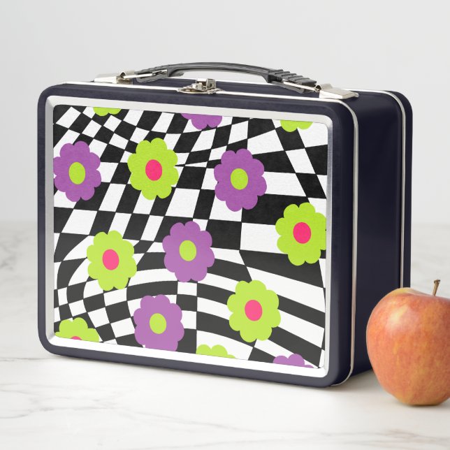 Metal Lunchbox with Retro Checkers and Flowers (In Situ)