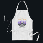 Metal Menorah Aprons<br><div class="desc">Digital Chanukah art - hammered metal menorah with patterned purple candles, all burning.</div>
