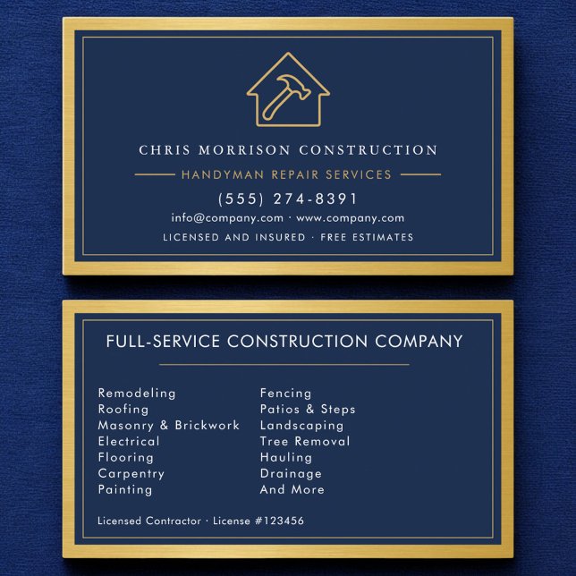 Metal Modern Handyman Navy Blue Gold Business Card (Creator Uploaded)