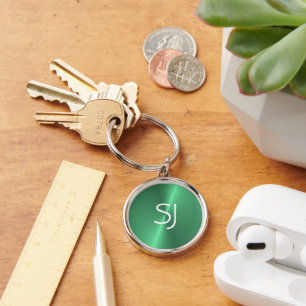 Metal monogram green shiny key ring