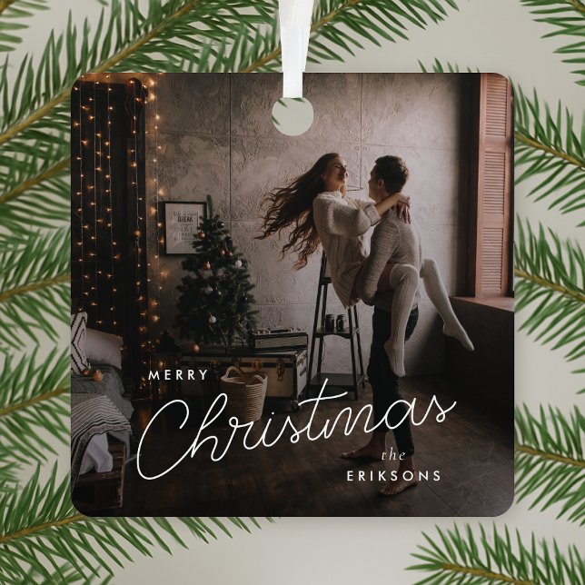 Metal Ornament | Trendy Couple Christmas Photo (Personalized metal photo ornament with dusky tones and stylish modern design aesthetic)