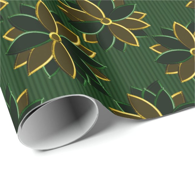 Metal Poinsettia Flowers 12, Green-Gold-GIFT WRAP Wrapping Paper (Roll Corner)