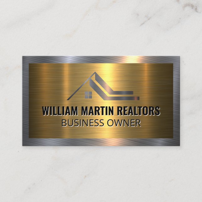 Metal Real Estate Logo | Metallic Gold Silver Business Card (Front)