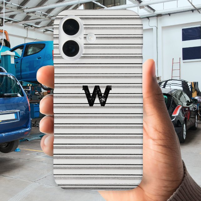 Metal Ridge Effect Grey Lines Grunge Monogram Cool Case-Mate iPhone Case (A cool phone case in gray with faux ridged appearance, personalized with a monogram in a grunge font)