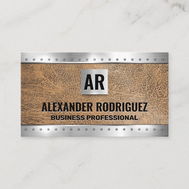 Metal Rivets Brown Leather | Monogram Business Car Business Card (Front)