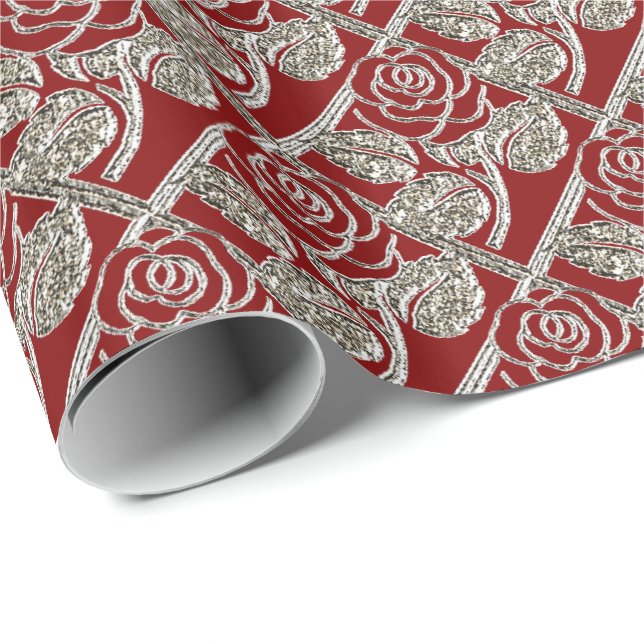 Metal Roses-03-Red Silver-Gift Wrapping Paper (Roll Corner)