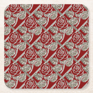 Metal Roses-3-Red Silver-Coaster Set Square Paper Coaster