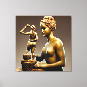 Metal sculptures of a small and large woman. canvas print