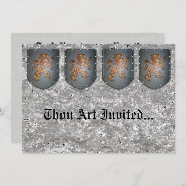 Metal Shield Lion Grey Faux Stone Invitation (Front/Back)