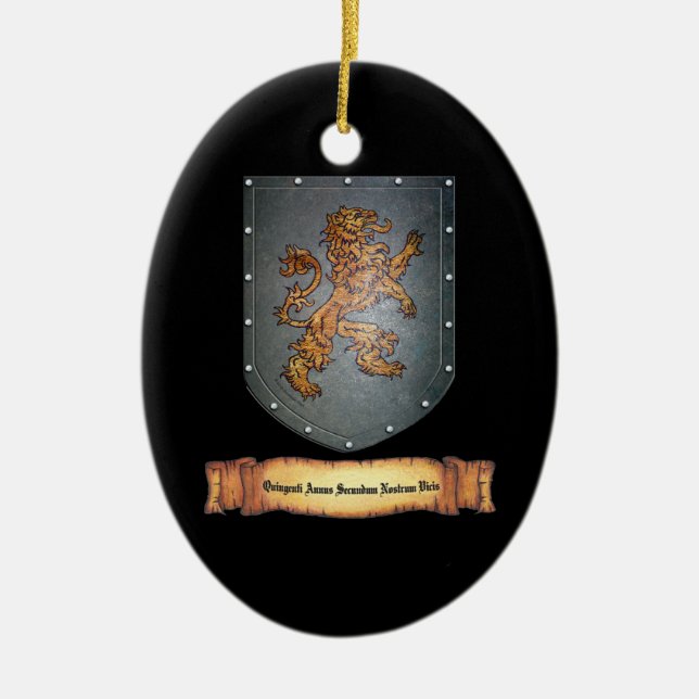 Metal Shield Lion Latin Black Ceramic Tree Decoration (Front)