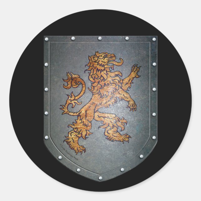 Metal Shield Lion on Black Classic Round Sticker (Front)