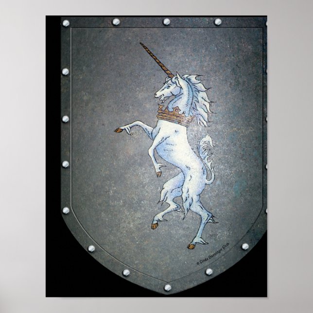 Metal Shield White Unicorn Black Poster (Front)