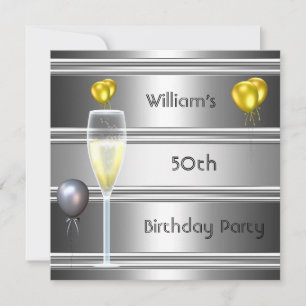 metal Silver Black 50th Birthday Mens Invitation