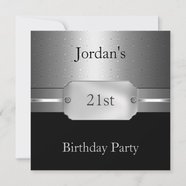 Metal Silver Circles Black 21st  Male Birthday Invitation (Front)
