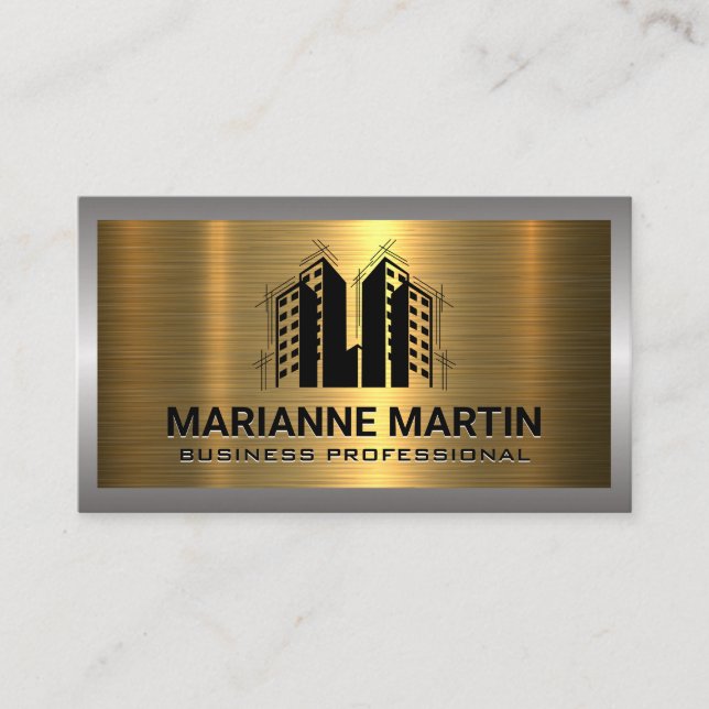 Metal Silver Gold Brushed | Real Estate Properties Business Card (Front)