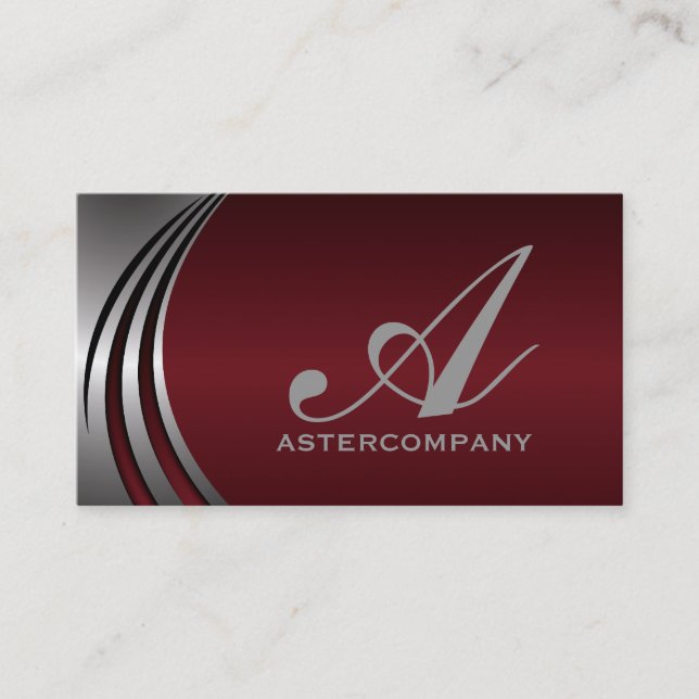 Metal silver grey burgundy red, monogram business business card (Front)
