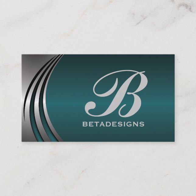 Metal silver grey, dark teal eye-catching monogram business card (Front)