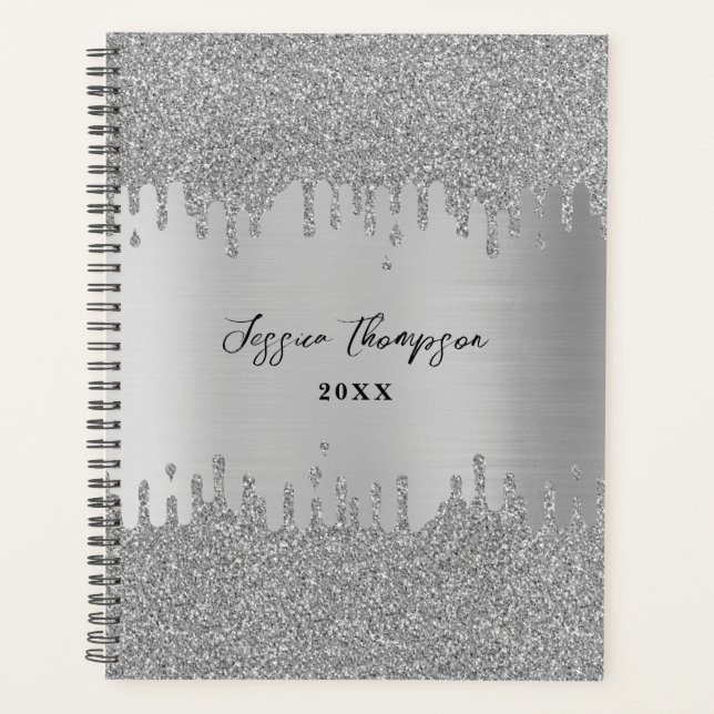 Metal Silver Grey Glitter Drips Signature Script Planner (Front)