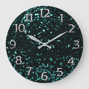 Metal Silver Grey Grey Arabic Numbers Teal Aqua Large Clock