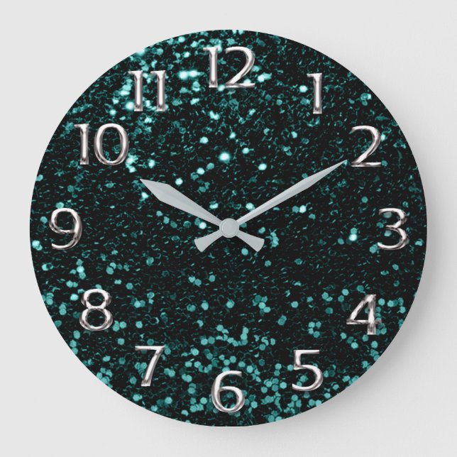 Metal Silver Grey Grey Arabic Numbers Teal Aqua Large Clock (Front)