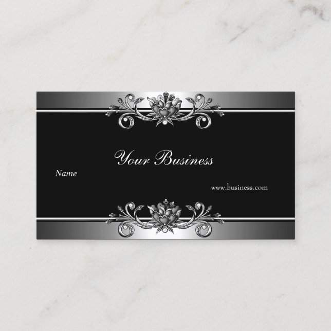 Metal Silver Look  Black Elegant Jewel Floral Business Card (Front)