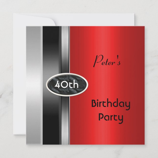 Metal Silver Red Mens 40th Birthday Party Man Invitation (Front)