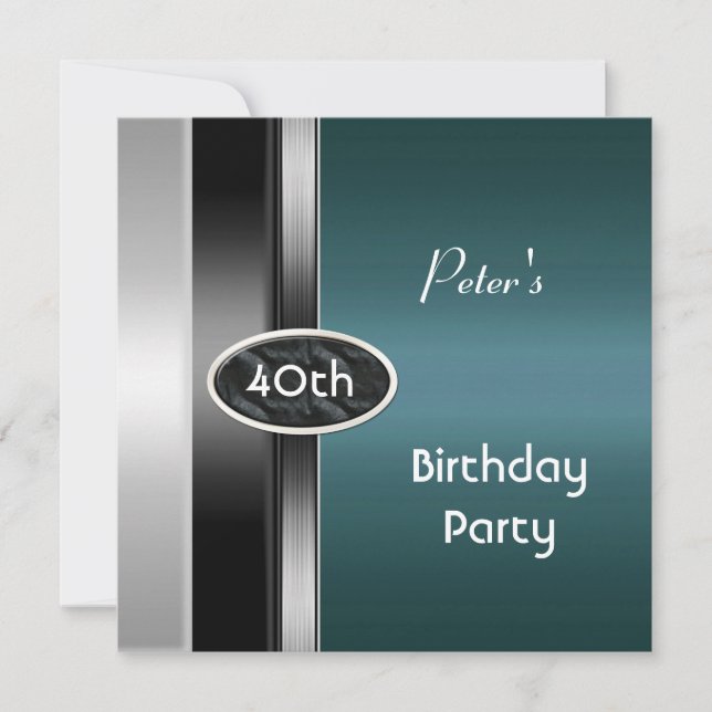 Metal Silver Teal Mens 40th Birthday Party Man Invitation (Front)