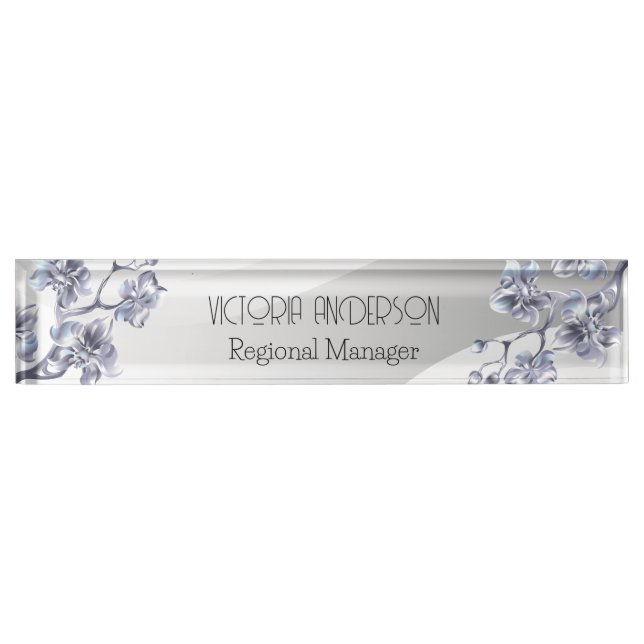 Metal silver with silver flowers personalised nameplate (Front)